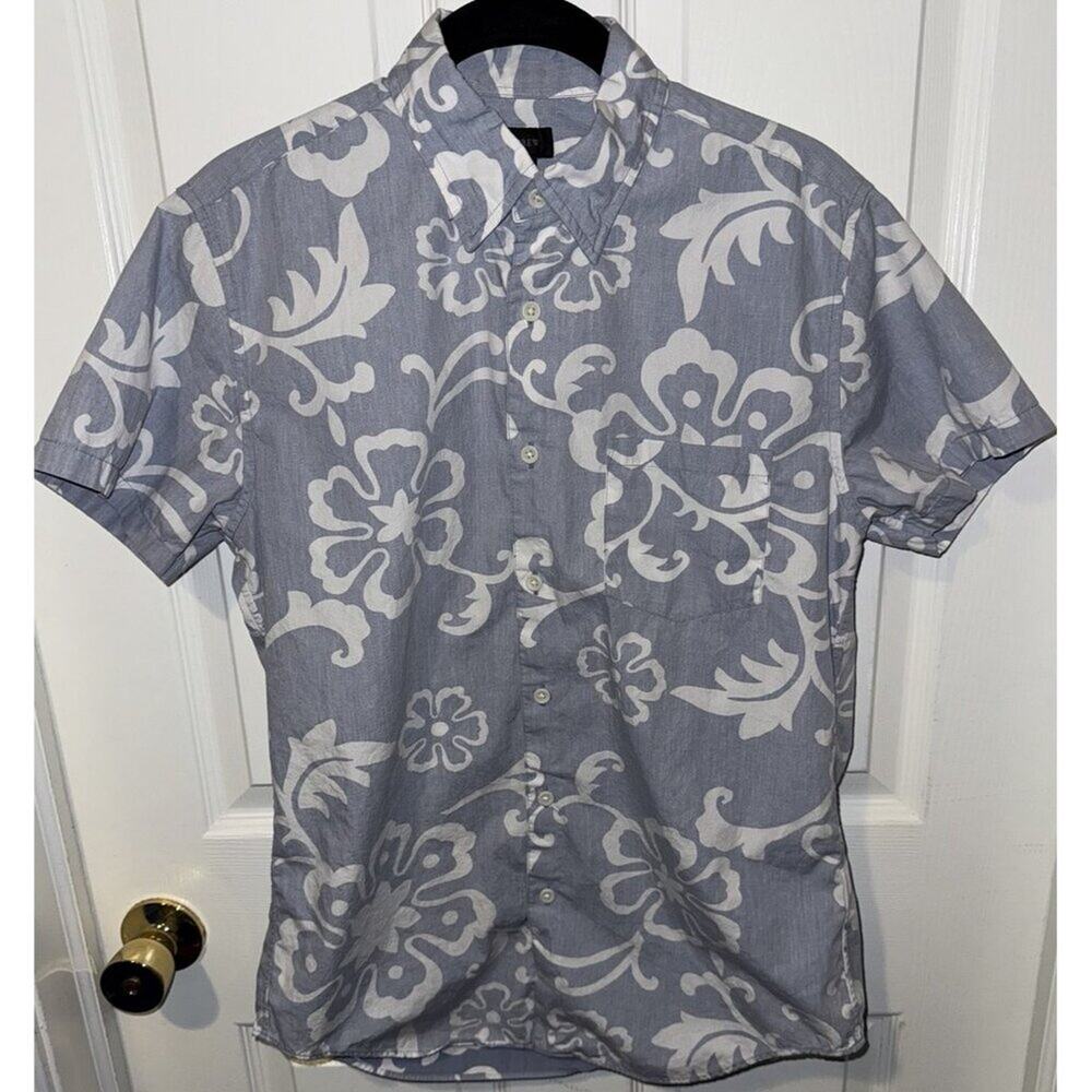 J. Crew Men's Hawaiian Shirt Size S Light Blue & White Tropical Print Cotton